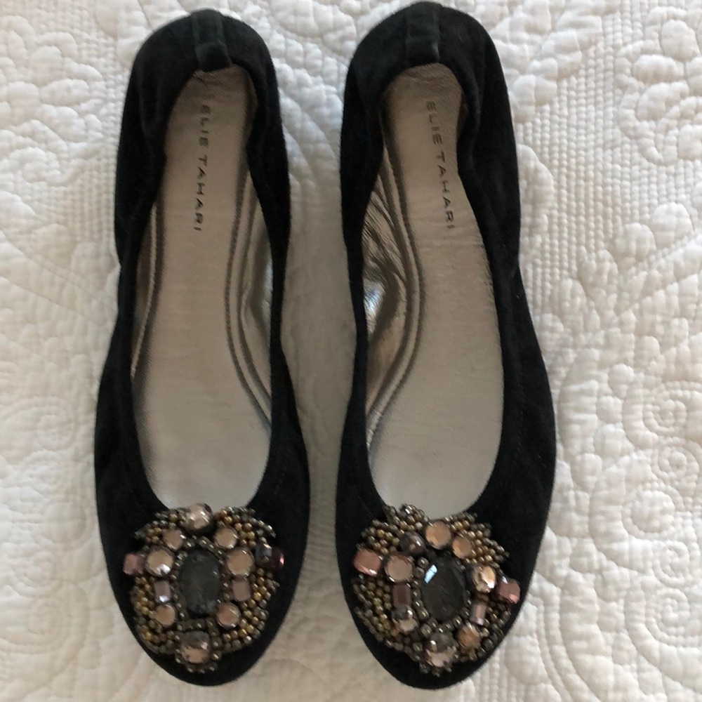 Ellie Tahari black suede jewel embellished flat